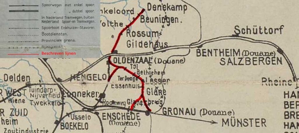 Kaart met hoofd-, lokaalspoor- en tramlijnen rond 1930. In rood de Twentse tramlijnen tussen Denekamp, Oldenzaal, Glanerbrug en Gronau (Duitsland). Bron: Het Utrechts Archief.