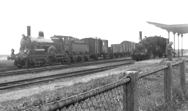 Stiens met rechts de goederentrein (locomotief serie 7700) naar Minnertsga en links een dergelijke trein (locomotief serie 1700) naar Dokkum op 13 september 1951. Foto: Klaas Okkinga.