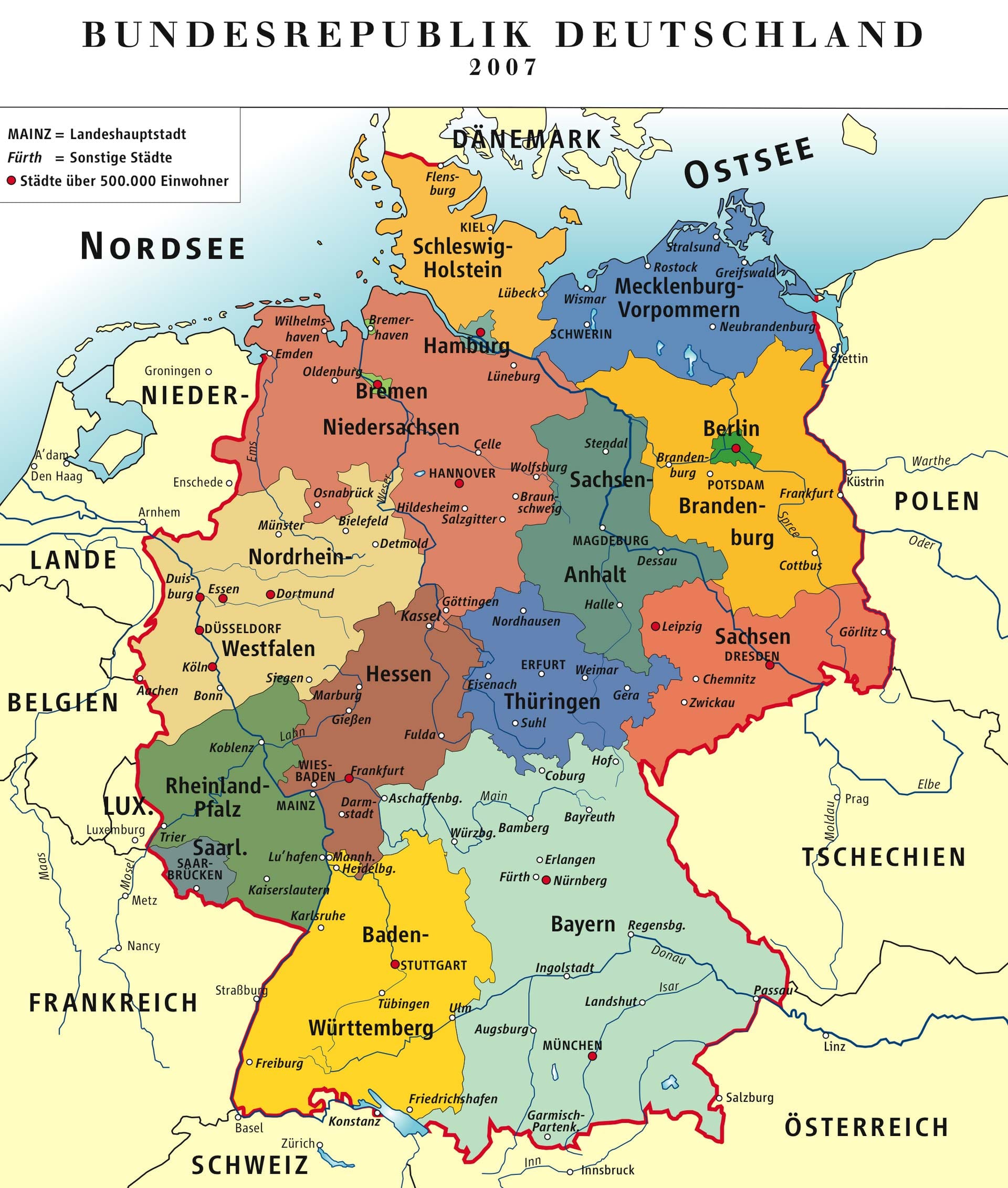 De deelstaten van Duitsland, stand 2007,, getekend door K.G. Berger. Overgenomen van de Wikipedia-pagina “Deutschland”. Licentie: CC BY 2.5, Wiki Commons.