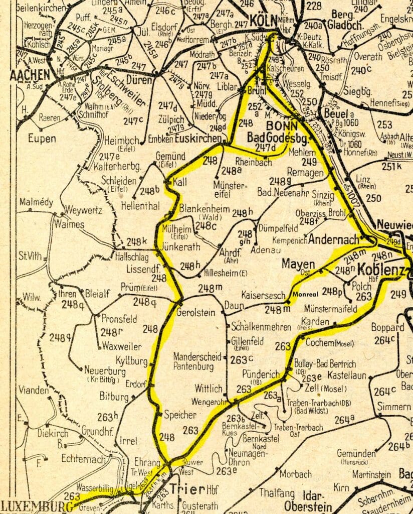 Spoorwegkaart van de Eifel uit het spoorboekje van de Deutsche Bahn 1956-1957.