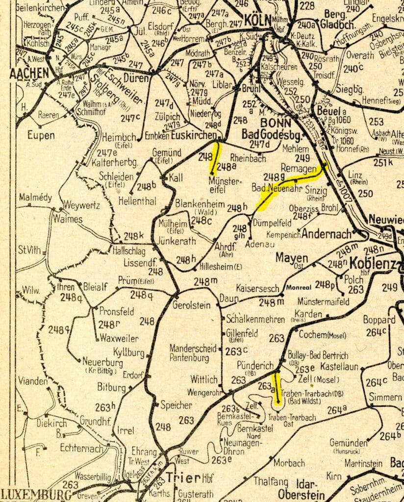 Spoorwegkaart van de Eifel met lokaalspoorlijnen (Nebenbahnen) met reizigersverkeer. uit een kaart uit de winterdienstregeling (spoorboekje) van 1956/1957 van de Deutsche Bundesbahn.